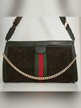Authentic GUCCI GG Web Stripe Vintage Suede Brown Clutch Crossbody WOC Bag
